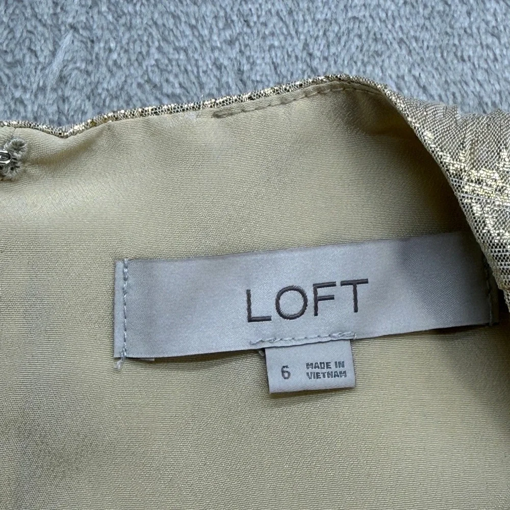 LOFT Dress Womens 6 Gold Metallic Jacquard Short Sleeve Puff Shift Cocktail Glam